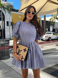 Yidouxian Fashion Slim Print Women'S Dress 2023 Elegant O-Neck Short Sleeve Mini Dresses Casual High Waist Pleated Female Dress