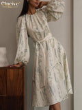 Yidouxian Fashion Loose Print Womens Dress Elegant O-Neck Long Sleeve Midi Dresses Casual Classic Lace-Up Dress Female Clothing