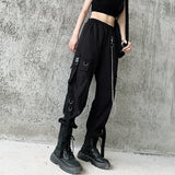 Yidouxian Spring Summer Harem Women's Pants Punk Black Korean Fashion Joggers Ribbons Ankle-Length Cargo Pants For Girls