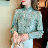 Yidouxian Printed Elegant Blouse Women 2023 Fashion Long Sleeve Ruffle Lace Shirt Women Stand Collar Vintage Lady Blouses Top 18757