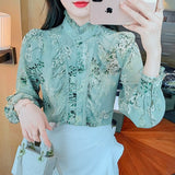 Yidouxian Printed Elegant Blouse Women 2023 Fashion Long Sleeve Ruffle Lace Shirt Women Stand Collar Vintage Lady Blouses Top 18757