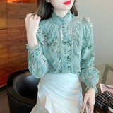 Yidouxian Printed Elegant Blouse Women 2023 Fashion Long Sleeve Ruffle Lace Shirt Women Stand Collar Vintage Lady Blouses Top 18757