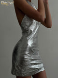Yidouxian Sexy Sliver Pu Leather Women'S Dress 2023 Bodycon O-Neck Sleeveless Mini Dress Female Fashion Slim Party Club Dresses