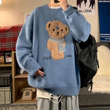 yidouxian 2023 Korean Style Cartoon Bear Print Knitted Sweater Women Kawaii Harajuku Blue Long Sleeve Oversize Jumper Female Winter