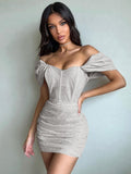 yidouxian Shoulder Short Sleeve Backless Bodycon Mesh Black Mini Dress Women Sexy Party Evening Prom Dresses 2023 Summer Club Outfits