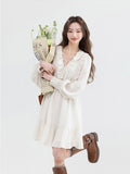 yidouxian Women&#39;s Casual Long Sleeve White Pleated Mini Dresses 2023 Summer Elegant V-neck Patchwork Office Lady A-Line Ladies Dress