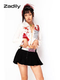 yidouxian Y2K Bloodstain Print Long Sleeve Shirt Women Sexy Slim Button Female emo Crop Top Shirts 2023 Summer Club Blouse Tops