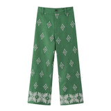 Yidouxian TRAF Green Chic Women Pants 2023 Embroidery Loose Full Length Ladies Trousers Casual High Waist Wide Pants For Female
