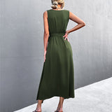 Yidouxian Women Elegant V Neck Long Split Dress 2023 Summer Sleeveless Maxi Beach Dresses Ladies Lace-up Party Dress Vestidos De Verano