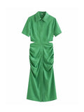Yidouxian ZBZA Women 2023 Shirt Dress Women Waist Cut-out Midi Dress Fashion Design Sexy Elegant Femme Vestidos 202307