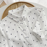 Yidouxian Spring Summer Double Layer Cotton White Shirts Female 3/4 Batwing Sleeve Tops Turn Down Collar Dot Print Loose BlouseT34740C