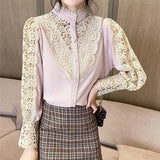 Yidouxian Lace Shirts For Women New Korean Hollow Out White Blouse Tops Female Stand Collar Long Sleeve Blouses Women Casual 12948