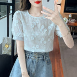 yidouxian Flower Embroidered Chiffon Shirts Women 2023 Summer White Puff Sleeve Blouses O Neck Casual Elegant Tops Clothing 27012