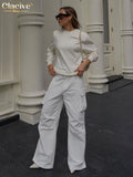 Yidouxian Fashion Loose White Women'S Pants Elegant High Waist Full Length Cargo Pants Streetwear Straight Trousers Female Pockets