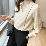 yidouxian Casual Lace Chiffon Shirt Women Slim Long Sleeve V-neck Woman Blouse Fashion Spring Solid Tops Office Lady Clothes 25011