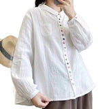 Yidouxian 2023 New Women Cotton White Shirts Multi Buttons Full Sleeve Pockets Loose Blouse Casual Basic Tops Spring T36304JC