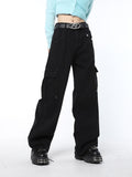 yidouxian American Style Cargo Pants Jeans Pockets Women Autumn Winter Vintage Straight High Waist Goth Pants Streetwear Feamle