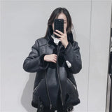 Yidouxian Women's Fashion Motorcycle Edition Lapel Thickened Warm Coat Leather Coat for Women