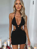 yidouxian Hollow Out Halter Sexy Mini Dress Women Summer New Sleeveless Backless Skinny Club Party Knit Tank Dress Vestido