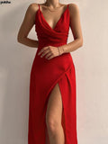 yidouxian Spaghetti Strap Sexy Backless Wrap Midi Dress Slit Gown Outfits Women Draped Deep V Dresses Elegant Club Party Vestidos