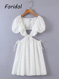 yidouxian Up Embriodery White Lace Dress Women Hollow Out Beach Summer Dress Puff Sleeve Backless Ruched Mini Dress Vestidos
