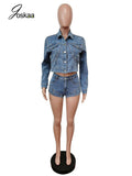 Yidouxian Sky Blue Denim Two Piece Set Women Sexy Lapel Long Sleeve Button Up Jackets and Shorts Matching Autumn 2023 Streetwear