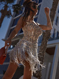 Yidouxian Women Summer Luxury Sexy Strapless Backless Tassel Pearl Mesh Sequins Mini Bodycon Dress 2023 Elegant Evening Club Party Dress 911