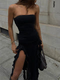 yidouxian Sexy Strapless Off Shoulder Midi Dress Women Ruffles Split Beach Dress 2023 Summer Slim Fit Party Female Vestido 2023