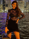 yidouxian Sleeve Bodycon Lace Mesh See Through Mini Dress Women Elegant Party Evening Dresses 2023 Spring Autumn Ladies Black Clothes