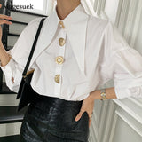 Yidouxian Button Cotton White Shirt Women Autumn Casual Office Lady Women Blosues Loose Lantern Long Sleeve Shirts Tops Blusas 15631