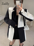 yidouxian 2023 Autum Oversize Full Sleeve Women Long Blazer Office Lady black white Patchwork Suit Blazer Work Female Clothing Coat