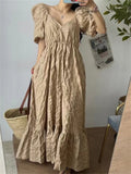 Yidouxian Summer Puff Sleeve Women Ruffes Dress Ladies Womens Cotton Pullover Long Dresses New Fashion Casual Loose Pleated Dress