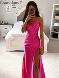 yidouxian Women Off Shoulder Backless Satin Split Maxi Dress Sexy Bodycon Ruched Party Evening Birthday Strapless Long Dresses 2023 Summer