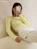 Yidouxian Bodycon White O-Neck Women'S T-Shirt 2023 Elegant Yellow Long Sleeve Fall Tee Shirt Casual Slim Elastic Solid Top Female