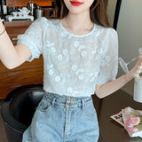 yidouxian Flower Embroidered Chiffon Shirts Women 2023 Summer White Puff Sleeve Blouses O Neck Casual Elegant Tops Clothing 27012