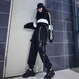 Yidouxian Spring Summer Cargo Women Pants Punk Black Female Joggers Hip Hop Harem Ankle-Length Trousers With Chain