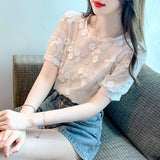 yidouxian Flower Embroidered Chiffon Shirts Women 2023 Summer White Puff Sleeve Blouses O Neck Casual Elegant Tops Clothing 27012