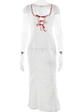 Yidouxian MO Fashion Lace Hollow Out Bandage Midi Dress For Women's Summer Outfits Lacing Shortsleeve White Slim Dresses New 911