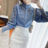 Yidouxian Lace Shirts For Women New Korean Hollow Out White Blouse Tops Female Stand Collar Long Sleeve Blouses Women Casual 12948