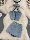 Yidouxian Women Summer Denim Jeans Halter Tops Mini Shorts Skirt Outfits Suits Backless Sashes Chic Style Bodycon High Waist Vestidos 921