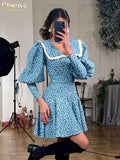 Yidouxian Fashion Slim Print Women'S Dresses Bodycon Doll Collar Lantern Sleeve Office Mini Dresss Elegant High Waist Female Dress