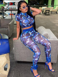 Yidouxian Blue Printed Sheer Mesh Short Sleeve Crop Tops and Pencil Pants 2 Piece Sets Womens Outfits Autumn 2023 Night Club Wear