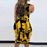 Yidouxian Women Chain Print Ruched Bodycon Dress 2023 Spring Summer Sleeveless Mock Neck Skinny Party Dresses Clubwear Vestido Midi