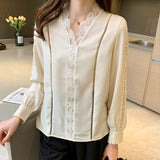 yidouxian Casual Lace Chiffon Shirt Women Slim Long Sleeve V-neck Woman Blouse Fashion Spring Solid Tops Office Lady Clothes 25011