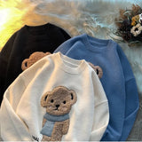 yidouxian 2023 Korean Style Cartoon Bear Print Knitted Sweater Women Kawaii Harajuku Blue Long Sleeve Oversize Jumper Female Winter