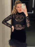 yidouxian Sleeve Bodycon Lace Mesh See Through Mini Dress Women Elegant Party Evening Dresses 2023 Spring Autumn Ladies Black Clothes