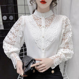 Yidouxian Lace Shirts For Women New Korean Hollow Out White Blouse Tops Female Stand Collar Long Sleeve Blouses Women Casual 12948