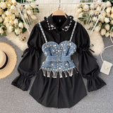 Yidouxian 2023 New Blouse Women's Diamond Beaded Puff Sleeve Blusa Top Tassel Pearl Sling Waistcoat Two-piece Sets Stacking Shirt