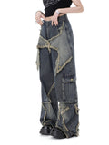 yidouxian Style Retro High Street Jeans Women's Spring Summer New Loose Wide Leg Pants Trendy Punk Casual Star Tassel Trousers 911