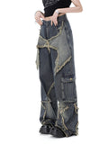 yidouxian Style Retro High Street Jeans Women&#39;s Spring Summer New Loose Wide Leg Pants Trendy Punk Casual Star Tassel Trousers